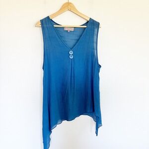 Pretty Angel Sleeveless Tunic Blouse Womens M Blue Linen Blend Asymmetric Hem